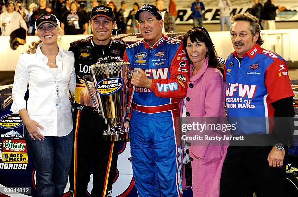 Delana Harvick, team owner Kevin Harvick, Ron Hornaday Jr. , driver of the VFW.org Chevrolet, Lindy Harvick, and crew chief Rick Ren, celebrate after...