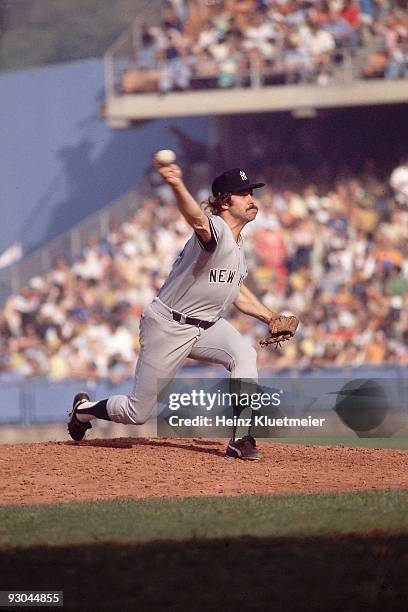 World Series: New York Yankees Jim Catfish Hunter in action, pitching vs Los Angeles Dodgers. Game 5. Los Angeles, CA CREDIT: Heinz Kluetmeier