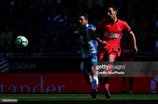 Victor Sanchez and Oyarzabal during the match between RCD Espanyol and Athletic Club, for the round 28 of the Liga Santander, played at the RCD...