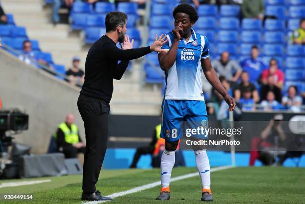 Quique Sanchez Flores and Carlos Sanchez during the match between RCD Espanyol and Athletic Club, for the round 28 of the Liga Santander, played at...