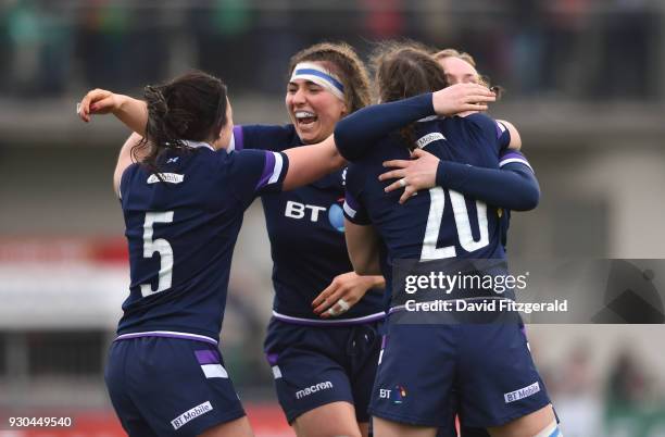 Dublin , Ireland - 11 March 2018: Scotland players celebrate at the final whistle following their side's victory in the Women's Six Nations Rugby...