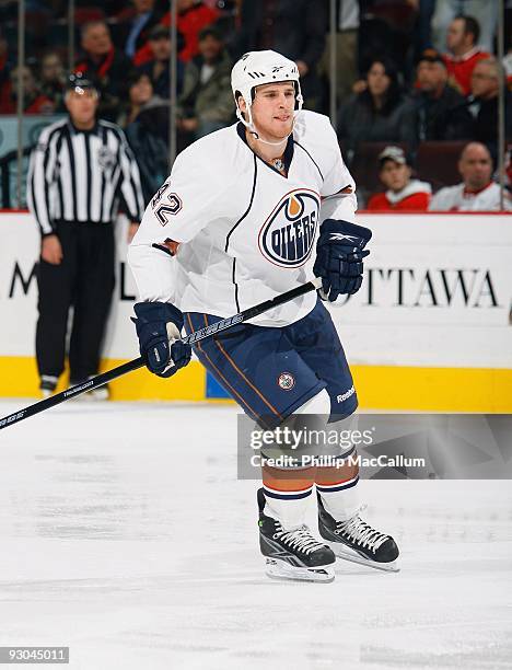 Ryan O'Marra of the Edmonton Oilers skates against the Ottawa Senators in his first ever NHL game at Scotiabank Place on November 10, 2009 in Ottawa,...