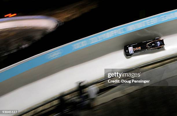 Pilot Todd Hays and brakeman Steven Langton of the USA take their first run in the FIBT Men's Two Man Bobsled World Cup Park City at the Utah Olympic...