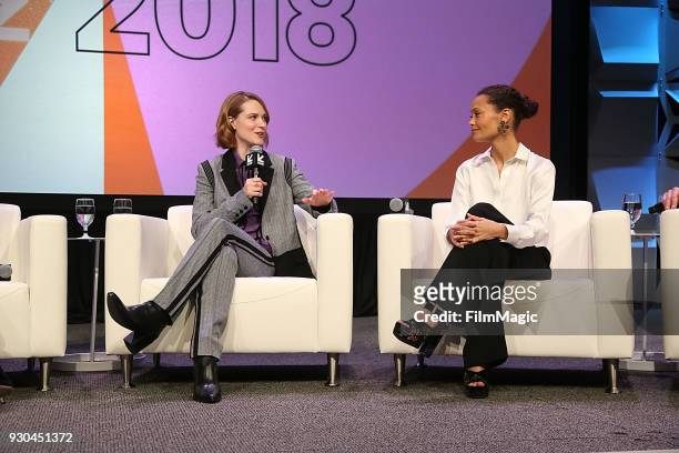 Actors Evan Rachel Wood and Thandie Newton speak onstage at the Westworld Featured Session during SXSW at Austin Convention Center on March 10, 2018...