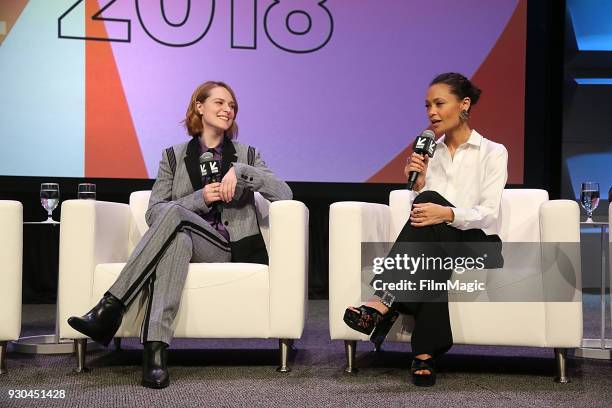 Actors Evan Rachel Wood and Thandie Newton speak onstage at the Westworld Featured Session during SXSW at Austin Convention Center on March 10, 2018...