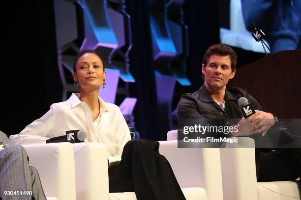 Thandie Newton and James Marsden speak onstage at the Westworld Featured Session during SXSW at Austin Convention Center on March 10, 2018 in Austin,...