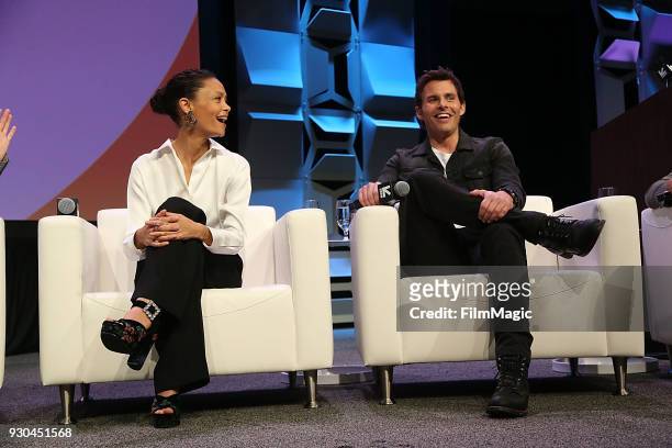 Thandie Newton and James Marsden speak onstage at the Westworld Featured Session during SXSW at Austin Convention Center on March 10, 2018 in Austin,...
