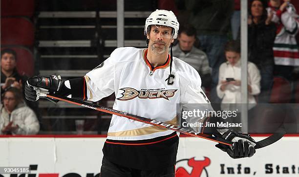 Scott Niedermayer of the Anaheim Ducks looks on against the New Jersey Devils during their NHL game at the Prudential Center on November 11, 2009 in...