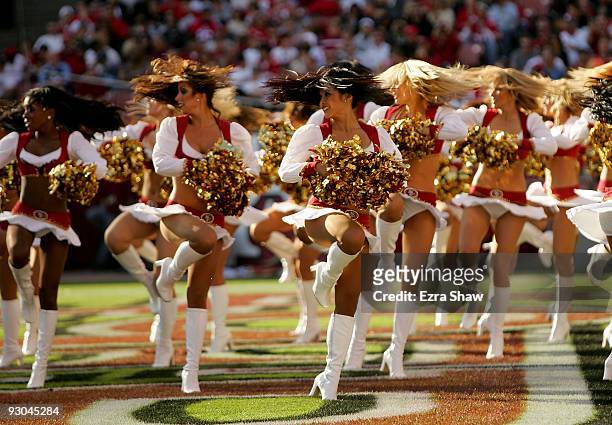 The San Francisco 49ers Gold Rush cheerleaders perform during their game against the Tennessee Titans at Candlestick Park on November 8, 2009 in San...