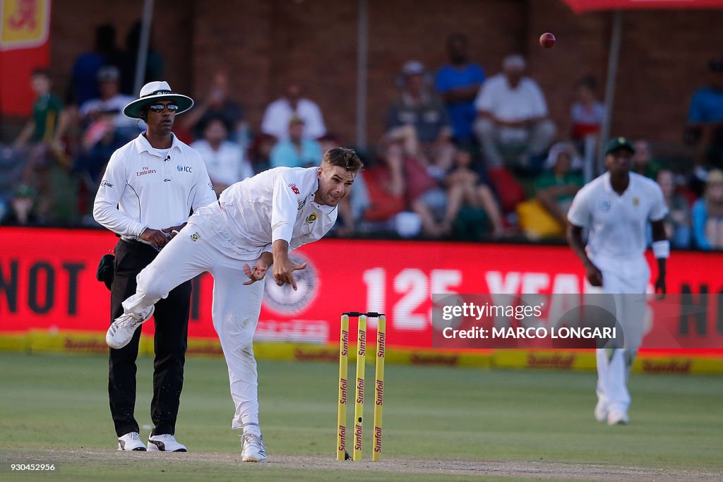 South Africa bowler Aiden Markram delivers the ballduring day three ...