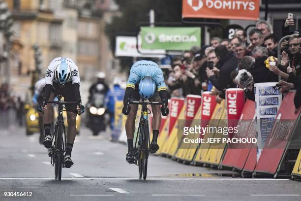Spain's David De La Cruz and Spain's Omar Fraile sprint towards the finish line at the end of the 110 km eighth and last stage of the 76th edition of...