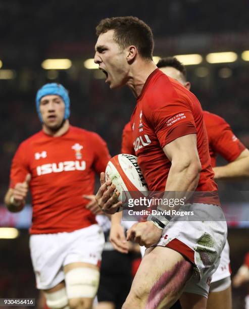 George North of Wales celebrates as he scores their second try during the NatWest Six Nations match between Wales and Italy at Principality Stadium...
