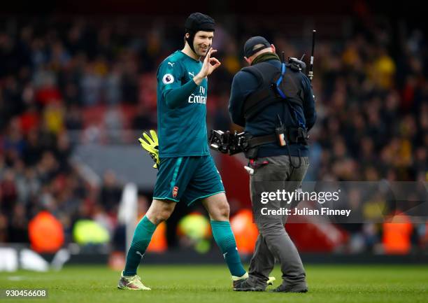 Petr Cech of Arsenal celebrates after the Premier League match between Arsenal and Watford at Emirates Stadium on March 11, 2018 in London, England....