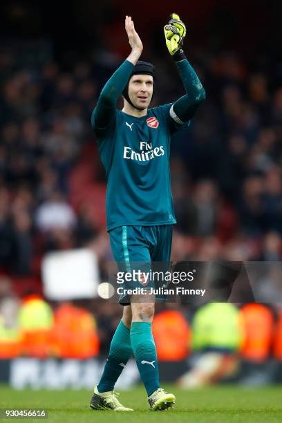 Petr Cech of Arsenal celebrates after the Premier League match between Arsenal and Watford at Emirates Stadium on March 11, 2018 in London, England....