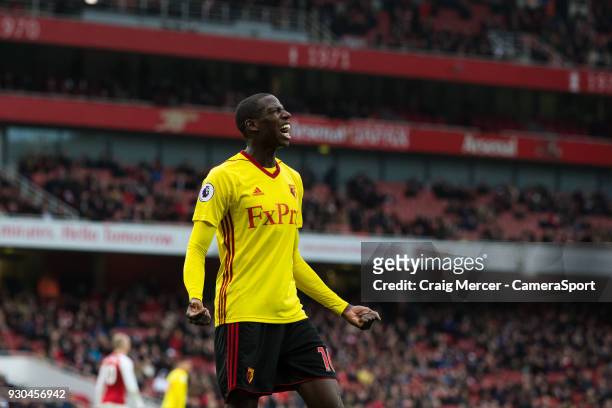 Watford's Abdoulaye Doucoure reacts to a missed chance during the Premier League match between Arsenal and Watford at Emirates Stadium on March 11,...
