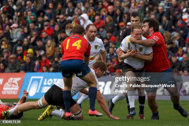 Alberto Blanco of Spain makes a tackle during the match between Spain and Germany on day 4 of the Rugby World Cup Trophy Tour on March 11, 2018 in...