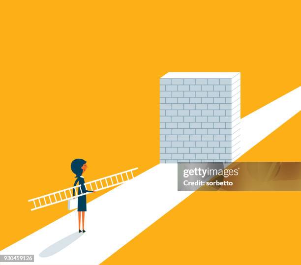 geschäftsfrau steht vor einer großen mauer - construction barrier stock-grafiken, -clipart, -cartoons und -symbole