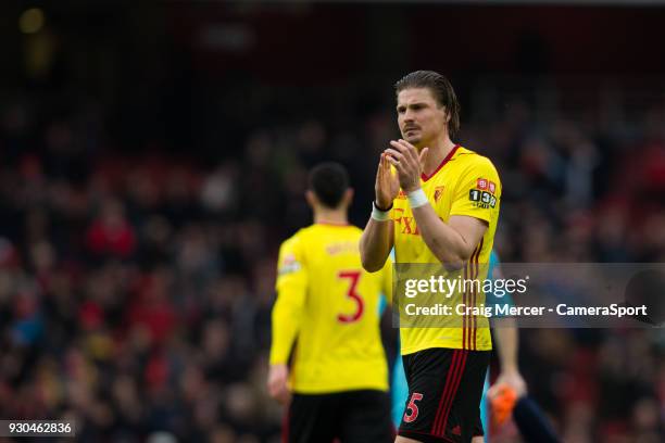 Watford's Sebastian Prodl applauds the fans at the final whistle during the Premier League match between Arsenal and Watford at Emirates Stadium on...