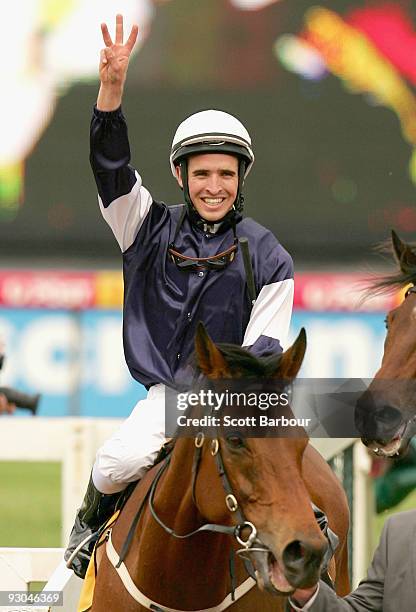 Michael Rodd gestures after riding Zipping to win race 7 the TMB Printing Sandown Classic on Sandown Classic Day at Sandown Lakeside on November 14,...