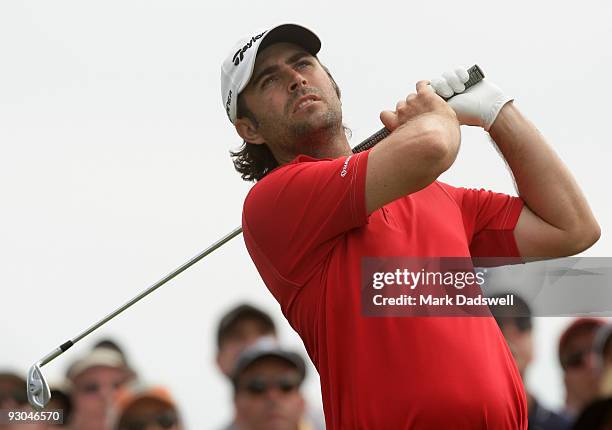 Mathew Goggin of Australia tees off on the 8th hole during round three of the 2009 Australian Masters at Kingston Heath Golf Club on November 14,...