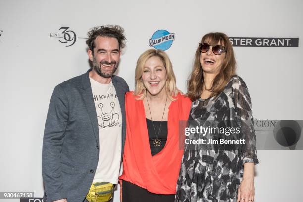 Producer, wrriter and actor Jay Duplass, actress Edie Falco, and writer and director Lynn Shelton walk the red carpet at an afterparty during SXSW...