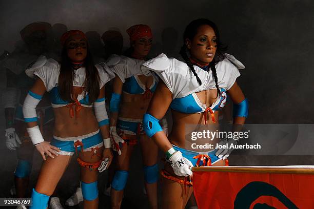 Members of the Miami Caliente prepare to come out of the tunnel for their lingerie football game against the New York Majesty on November 13, 2009 at...