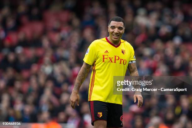 Watford's Troy Deeney reacts during the Premier League match between Arsenal and Watford at Emirates Stadium on March 11, 2018 in London, England.