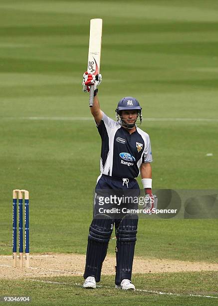 Brad Hodge of the Bushrangers celebrates scoring a century during the Ford Ranger Cup match between the Victoria Bushrangers and the West Australia...