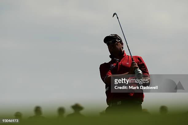 Ashley Hall of Australia plays an approach shot on the 10th hole during round three of the 2009 Australian Masters at Kingston Heath Golf Club on...