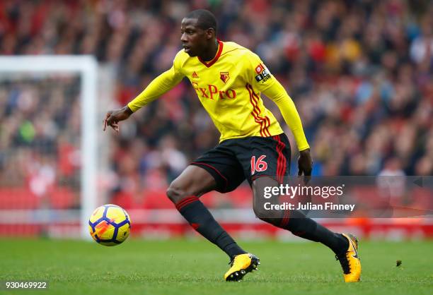 Abdoulaye Doucoure of Watford in action during the Premier League match between Arsenal and Watford at Emirates Stadium on March 11, 2018 in London,...