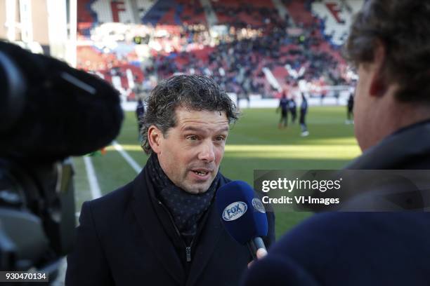 Coach Jean-Paul de Jong of FC Utrecht, interviewer Hans Kraaij jr of FOX Sports during the Dutch Eredivisie match between FC Utrecht and FC Twente at...