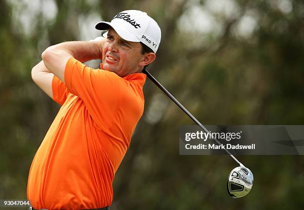 Greg Chalmers of New Zealand tees off on the 11th hole during round three of the 2009 Australian Masters at Kingston Heath Golf Club on November 14,...