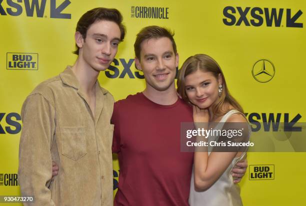 Actor Theodore Pellerin, director Jason Stone and actor Stefanie Scott attend the premiere of "First Light" during SXSW at Alamo Lamar on March 10,...