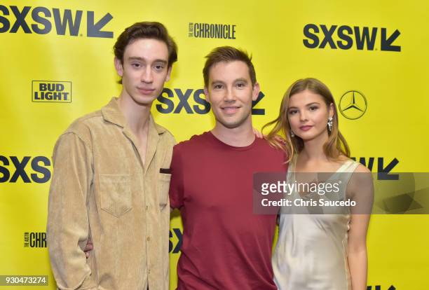 Actor Theodore Pellerin, director Jason Stone and actor Stefanie Scott attend the premiere of "First Light" during SXSW at Alamo Lamar on March 10,...