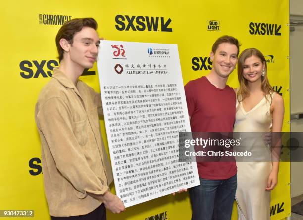 Actor Theodore Pellerin, director Jason Stone and actor Stefanie Scott attend the premiere of "First Light" during SXSW at Alamo Lamar on March 10,...