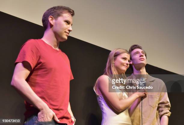 Director Jason Stone and actors Stefanie Scott and Theodore Pellerin speak onstage at the premiere of "First Light" during SXSW at Alamo Lamar on...