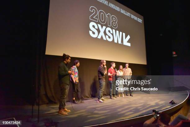 Director Jason Stone and actors Stefanie Scott and Theodore Pellerin speak onstage at the premiere of "First Light" during SXSW at Alamo Lamar on...