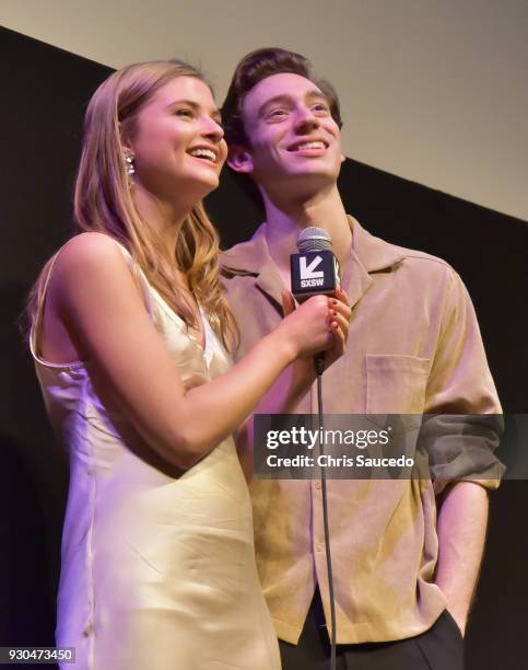 Actors Stefanie Scott and Theodore Pellerin speak onstage at the premiere of "First Light" during SXSW at Alamo Lamar on March 10, 2018 in Austin,...