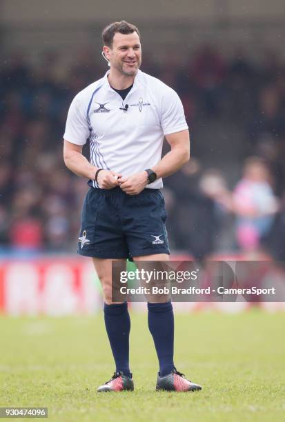 Referee Karl Dickson during the Anglo Welsh Cup Semi Final match between Exeter Chiefs and Newcastle Falcons at Sandy Park on March 11, 2018 in...