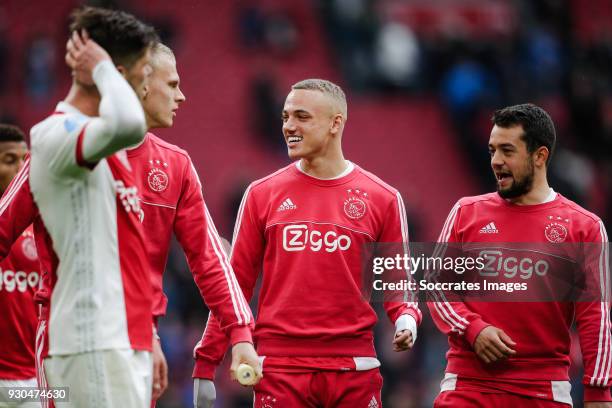 Noa Lang of Ajax, Amin Younes of Ajax during the Dutch Eredivisie match between Ajax v SC Heerenveen at the Johan Cruijff Arena on March 11, 2018 in...