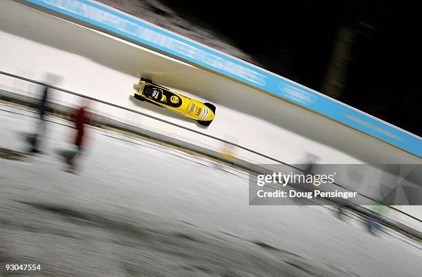 Pilot Edwin Van Calker and brakeman Sybren Jansma of The Netherlands take their first run as they went on to finish 19th in the FIBT Men's Two Man...