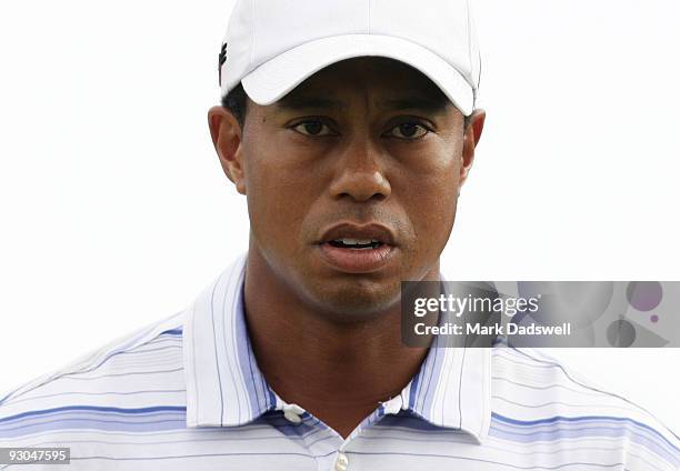 Tiger Woods of the USA returns to the scorers hut after round three of the 2009 Australian Masters at Kingston Heath Golf Club on November 14, 2009...