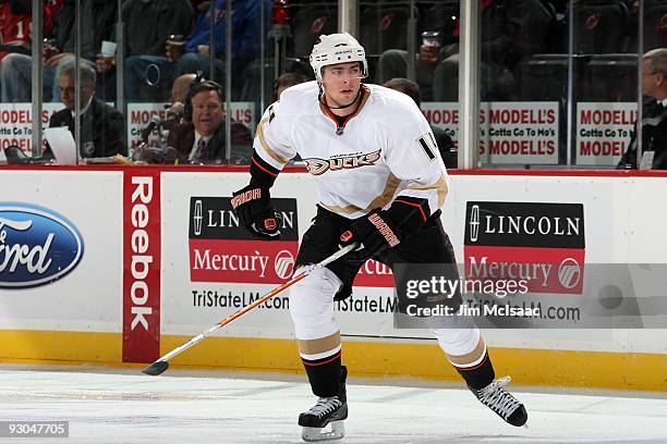 Joffrey Lupul of the Anaheim Ducks skates against the New Jersey Devils during their NHL game at the Prudential Center on November 11, 2009 in...