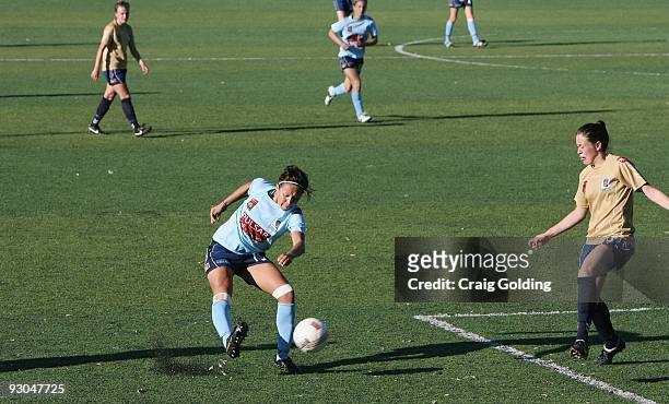 Kyah Simon of Sydney shoots for goal during the round seven W-League match between Sydney FC and the Newcastle Jets at Seymour Shaw on November 14,...