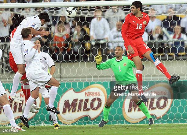 Rory Fallon of the All Whites heads in the ball to score during the 2010 FIFA World Cup Asian Qualifier match between New Zealand and Bahrain at...
