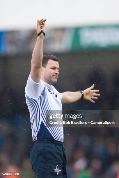 Referee Karl Dickson during the Anglo Welsh Cup Semi Final match between Exeter Chiefs and Newcastle Falcons at Sandy Park on March 11, 2018 in...