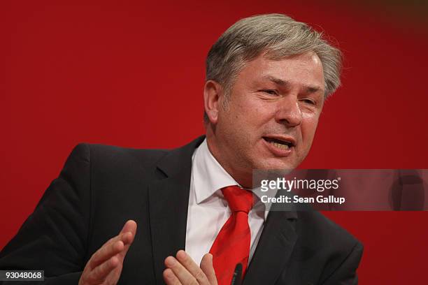 Berlin mayor Klaus Wowereit speaks on behalf of his candidacy for the position of Deputy Chairman of the German Social Democratic Party at the SPD...