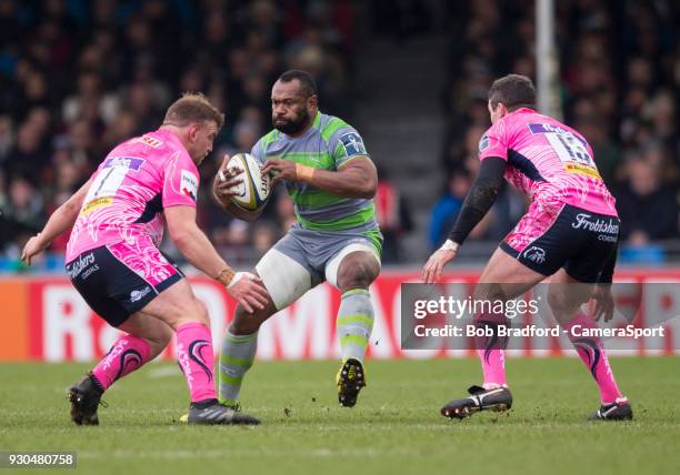 Newcastle Falcons' Vereniki Goneva in action during the Anglo Welsh Cup Semi Final match between Exeter Chiefs and Newcastle Falcons at Sandy Park on...