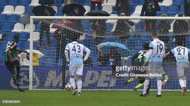 Khouma Babacar of US Sassuolo kicks the penalty and scores goal 1-1 during the serie A match between US Sassuolo and Spal at Mapei Stadium - Citta'...