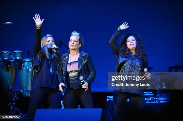 Ann Curless, Gioia Bruno and Jeanette Jurado of Expose perform during the Freestyle concert at Watsco Center on March 10, 2018 in Coral Gables,...